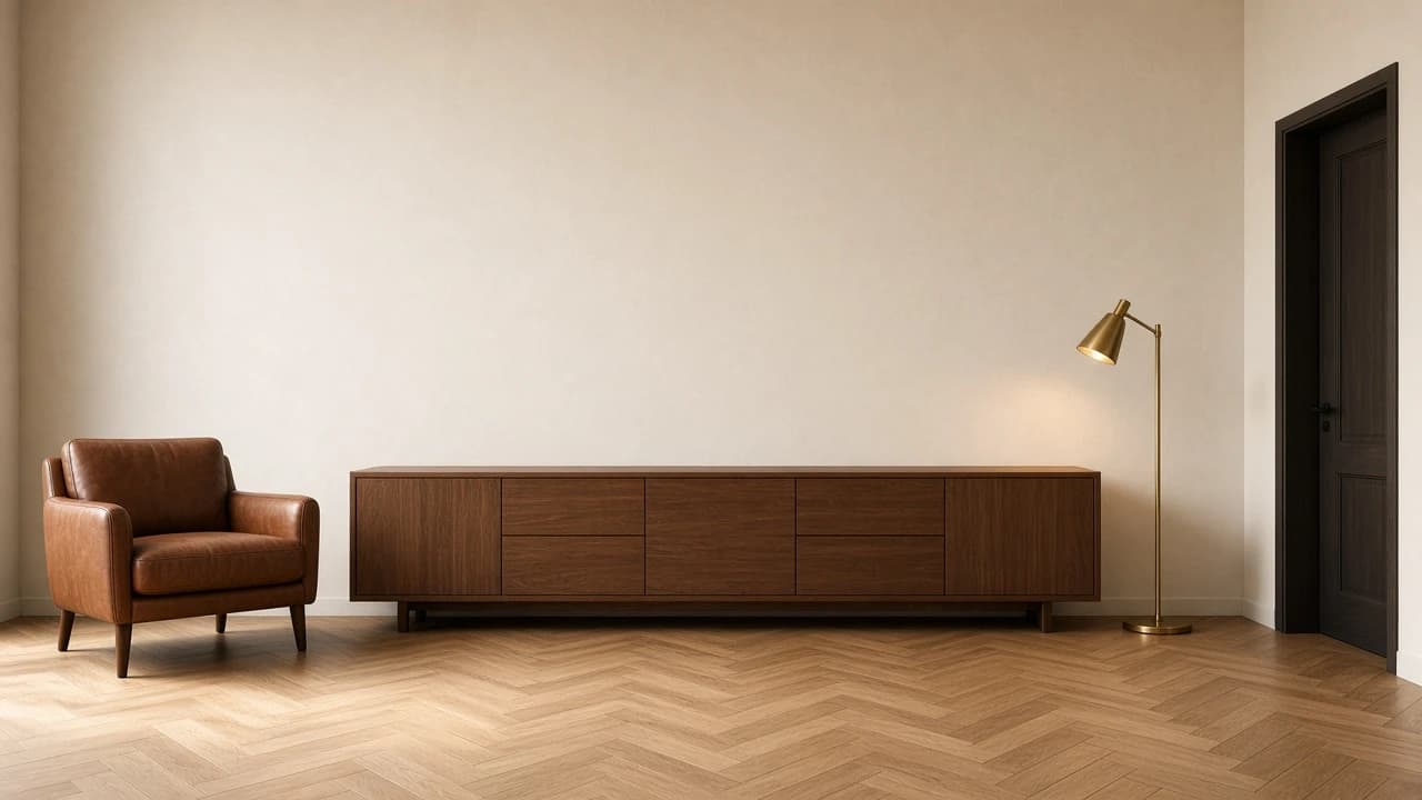 A warm lounge with a walnut credenza, leather armchair and brass lamp
